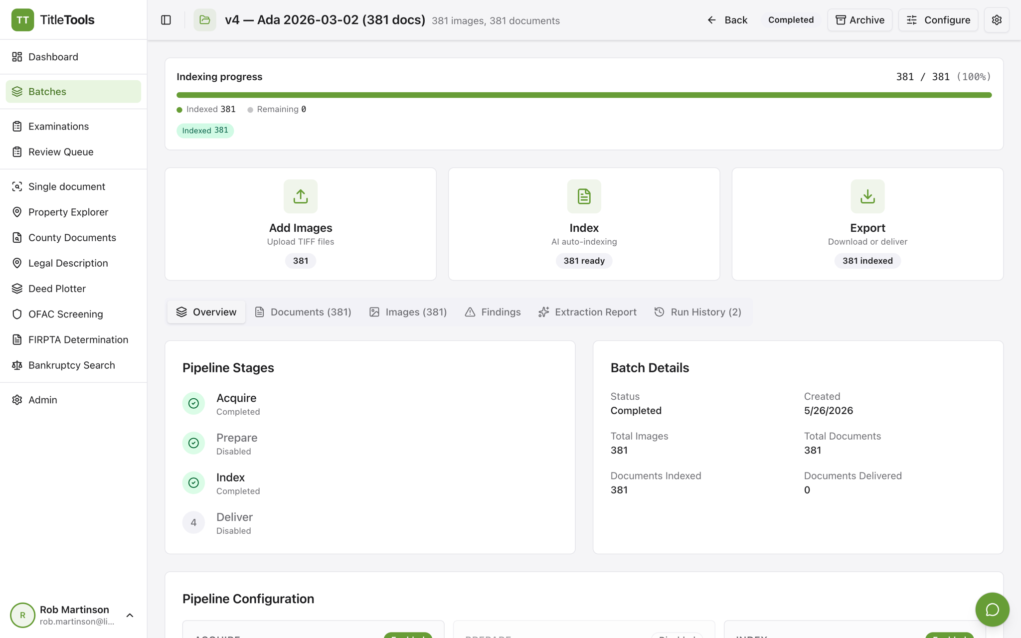 TitleTools batch run: hundreds of recorded documents processed to completion